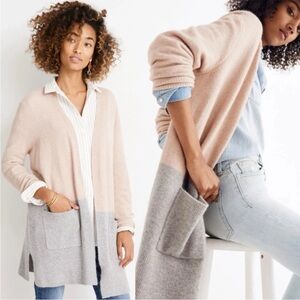 Madewell Kent Color-block  Tan & Gray Merino Wool Blend Open-Front Cardigan Sz S